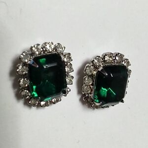Emerald & White Diamond Pierced Vintage Earrings